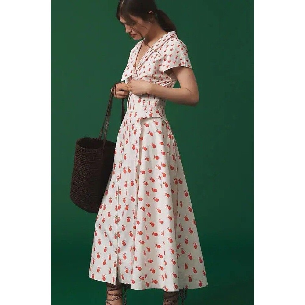 $198 Anthropologie Pineapple Short Sleeve V-Neck Dress Size Small Midi Cottage